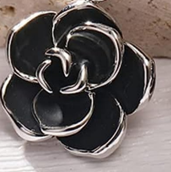 Camellia Rose Flower Hoop Earrings Black Enamel Silver Stainless Steel Hoops New - Picture 6 of 7